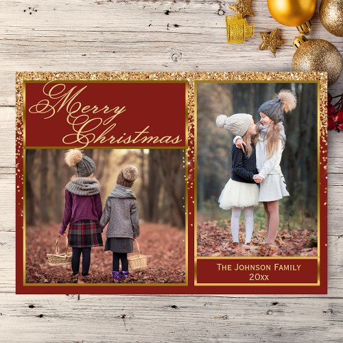 Sparkling Gold Glitter Merry Christmas Photo Card