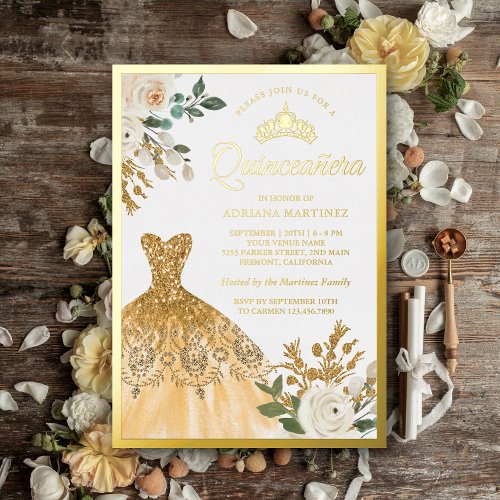 Sparkling Gold Gown Ivory Floral Quinceanera Gold Foil Invitation