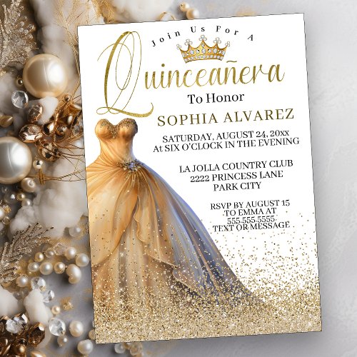 Sparkling Gold Gown Quinceanera  Invitation