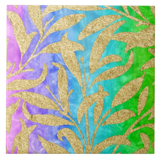 Sparkling gold leaf pattern rainbow of colors ceramic tile (Front)