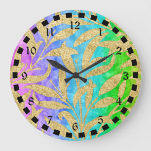 Sparkling gold leaf pattern rainbow of colors large clock