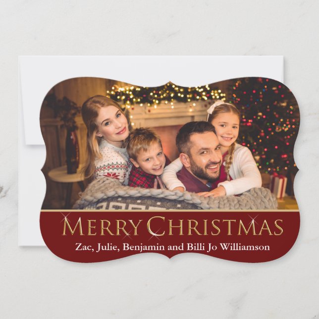 Sparkling Gold Merry Christmas on Red Fancy Photo Holiday Card (Front)