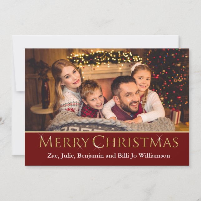 Sparkling Gold Merry Christmas on Red Photo Holiday Card (Front)