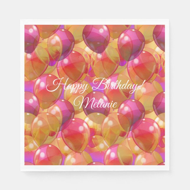 Sparkling Gold Pink Coral Birthday Party Balloons Napkins (Front)