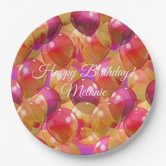 Sparkling Gold Pink Coral Birthday Party Balloons Paper Plates (Front)