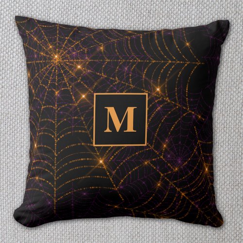 Sparkling Gold Spider Web Elegant Halloween Throw Pillow