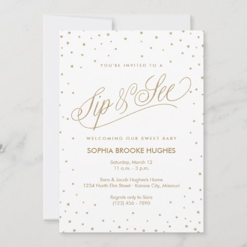 Sparkling Gold Stars Modern Sip and See Shower Invitation