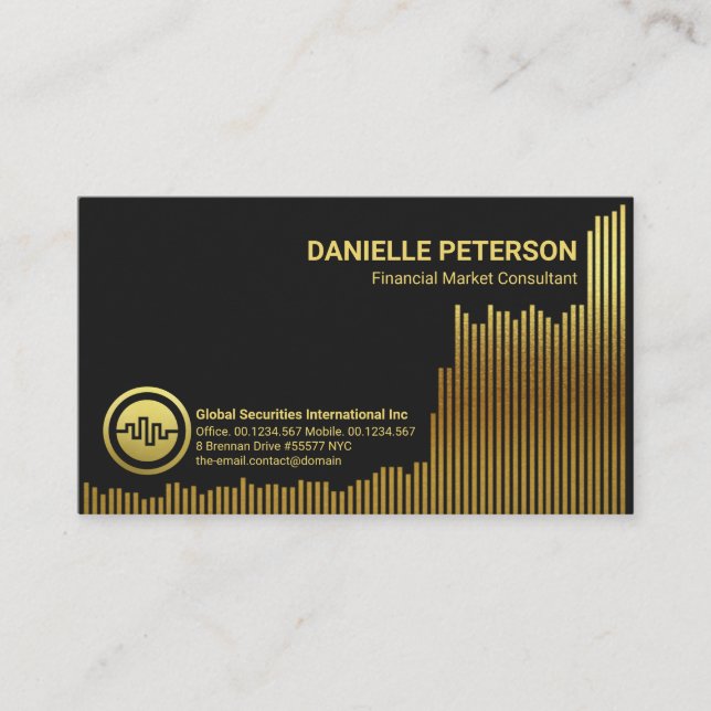 Sparkling Gold Uptrend Financial Share Graph Business Card (Front)