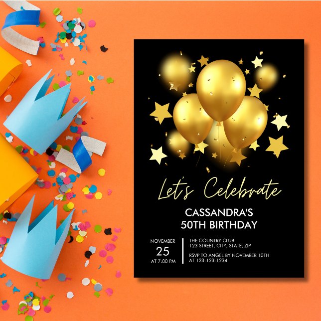 Sparkling Golden Balloons Stars Black Birthday  Invitation (Creator Uploaded)