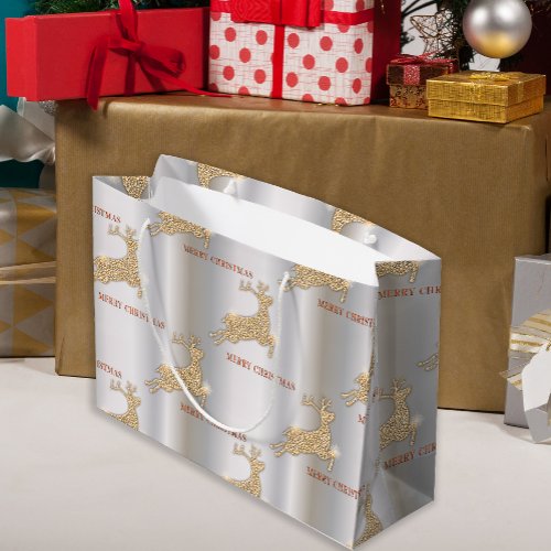 Sparkling Golden Reindeer Silver Christmas Large Gift Bag