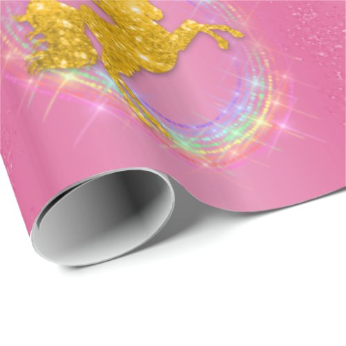 Sparkling Golden Unicorns on Pink Wrapping Paper