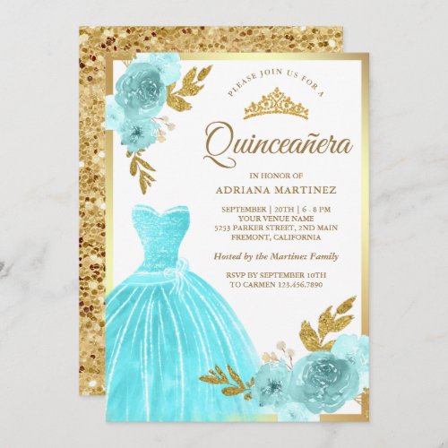 Sparkling Gown Aqua Blue Floral Gold Quinceanera Invitation