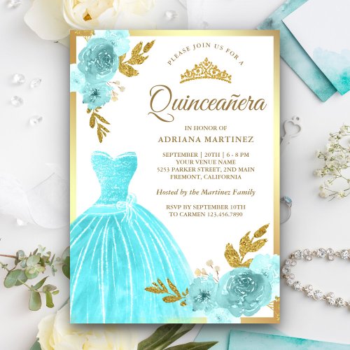 Sparkling Gown Aqua Blue Floral Gold Quinceanera Invitation