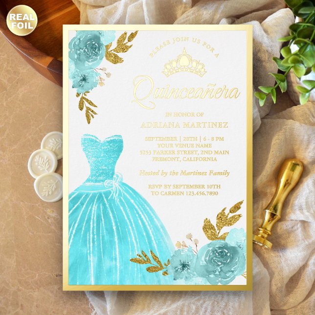 Sparkling Gown Aqua Blue Floral Quinceanera Gold Foil Invitation (Creator Uploaded)