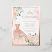 Sparkling Gown Blush Floral Quinceanera Rose Gold Foil Invitation (Standing Front)