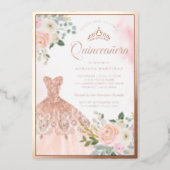 Sparkling Gown Blush Floral Quinceanera Rose Gold Foil Invitation (Front)