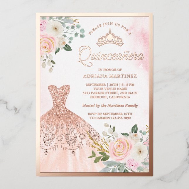 Invitación Con Relieve Metalizado Sparkling Gown Rubor Floral Quinceanera Rosa Gold