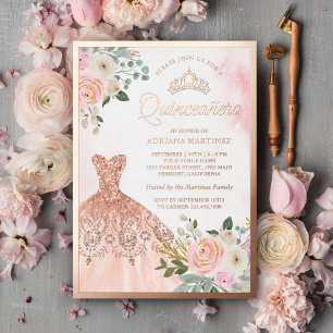 Sparkling Gown Blush Floral Quinceanera Rose Gold Foil Invitation