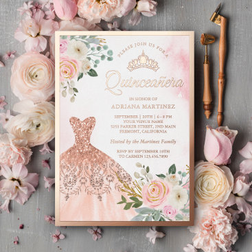 Sparkling Gown Blush Floral Quinceanera Rose Gold Foil Invitation