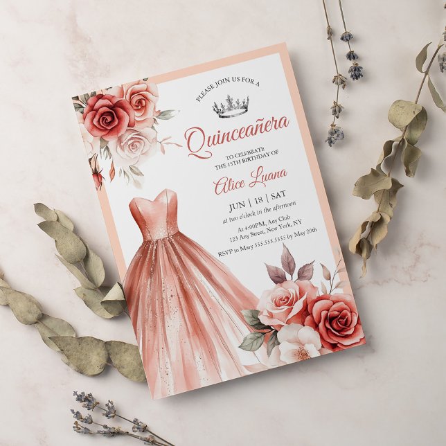 Sparkling Gown Blush Floral Quinceanera Rose Gold  Invitation (Creator Uploaded)