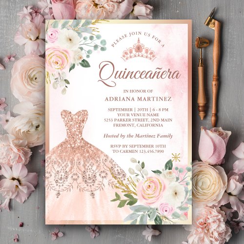 Sparkling Gown Blush Floral  Rose Gold Quinceanera Invitation