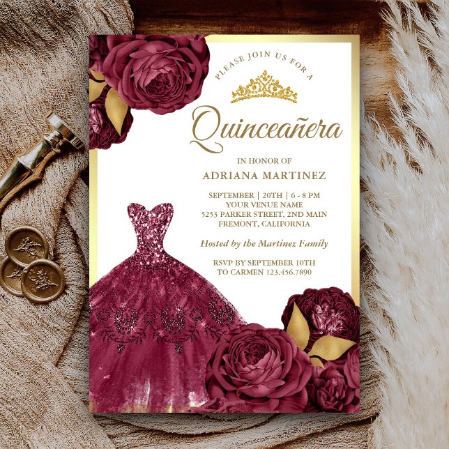 Sparkling Gown Burgundy Floral Gold Quinceanera Invitation (Creator Uploaded)