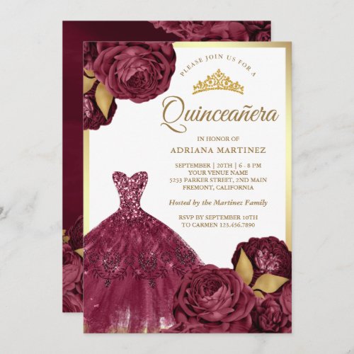 Sparkling Gown Burgundy Floral Gold Quinceanera Invitation