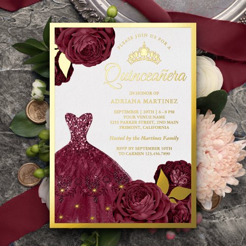 Sparkling Gown Burgundy Floral Quinceanera Gold Foil Invitation
