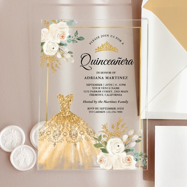 Sparkling Gown Ivory Floral Gold Quinceanera Acrylic Invitations (Creator Uploaded)