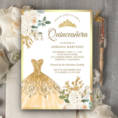 Sparkling Gown Ivory Floral Gold Quinceanera Invitation