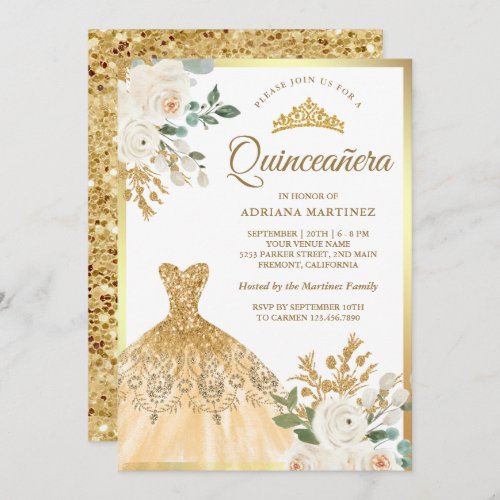 Sparkling Gown Ivory Floral Gold Quinceanera Invitation