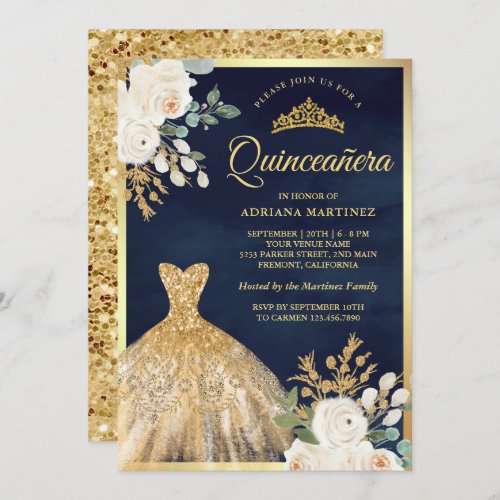 Sparkling Gown Ivory Floral Navy Gold Quinceanera Invitation