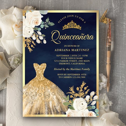 Sparkling Gown Ivory Floral Navy Gold Quinceanera Invitation