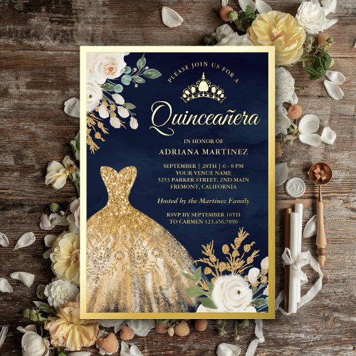 Sparkling Gown Ivory Floral Navy Quinceanera Gold Foil Invitation