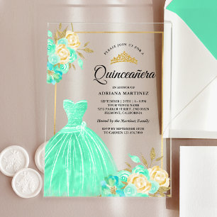 Sparkling Gown Mint Green Floral Gold Quinceanera Acrylic Invitations