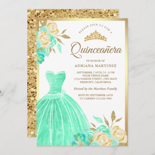 Sparkling Gown Mint Green Floral Gold Quinceanera Invitation