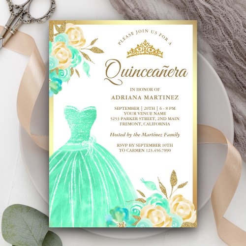 Sparkling Gown Mint Green Floral Gold Quinceanera Invitation