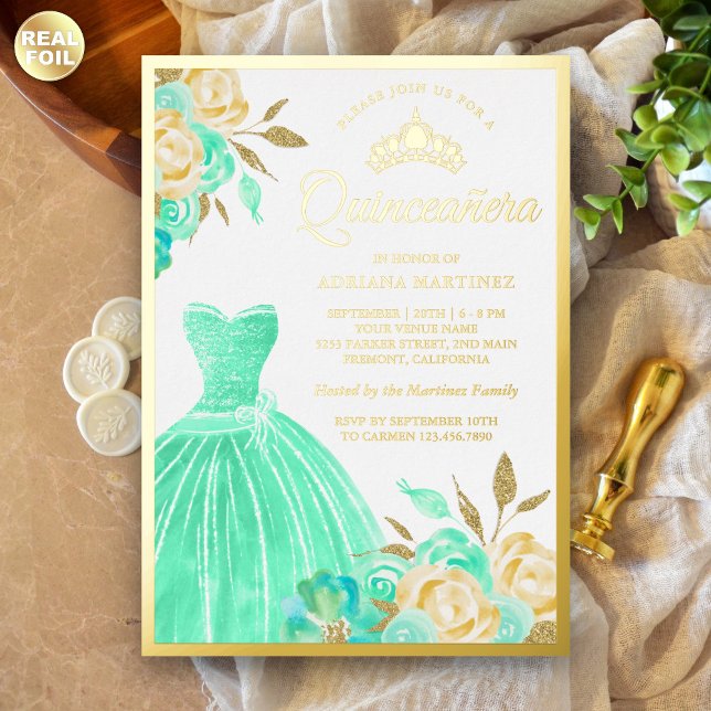 Sparkling Gown Mint Green Floral Quinceanera Gold Foil Invitation (Creator Uploaded)