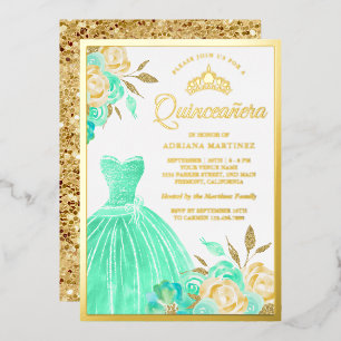 Sparkling Gown Mint Green Floral Quinceanera Gold Foil Invitation