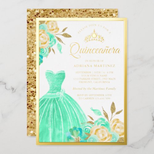 Sparkling Gown Mint Green Floral Quinceanera Gold Foil Invitation