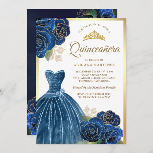 Sparkling Gown Navy Blue Roses Gold Quinceanera Invitation