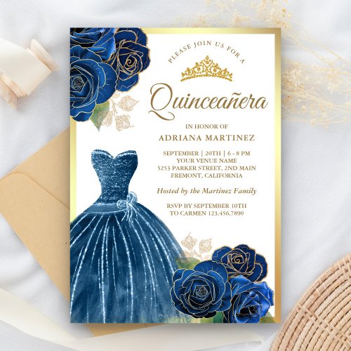 Sparkling Gown Navy Blue Roses Gold Quinceanera Invitation