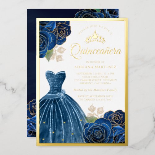 Sparkling Gown Navy Blue Roses Quinceanera Gold Foil Invitation