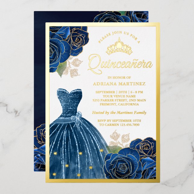 Sparkling Gown Navy Blue Roses Quinceanera Gold Foil Invitation (Front/Back)