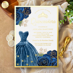 Sparkling Gown Navy Blue Roses Quinceanera Gold Foil Invitation