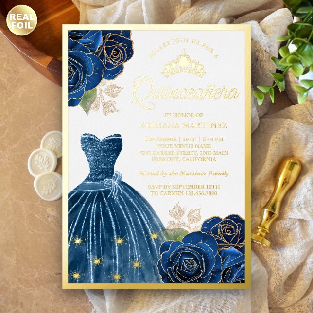 Sparkling Gown Navy Blue Roses Quinceanera Gold Foil Invitation (Creator Uploaded)
