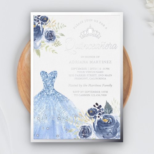 Sparkling Gown Pastel Blue Roses Quinceanera Foil Invitation