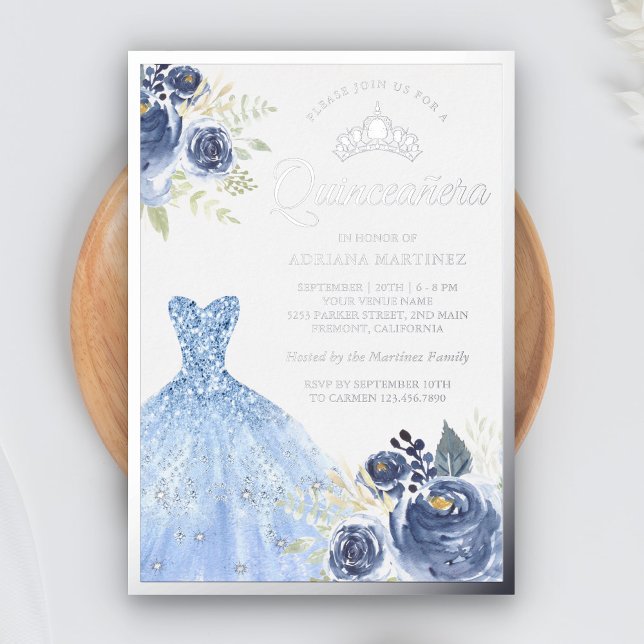 Sparkling Gown Pastel Blue Roses Quinceanera Foil Invitation (Creator Uploaded)