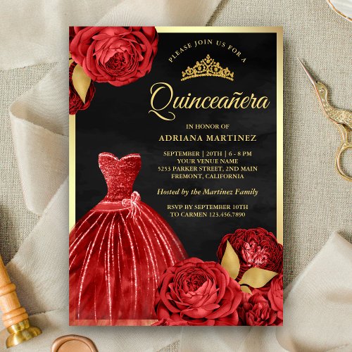 Sparkling Gown Red Roses Black Gold Quinceanera Invitation