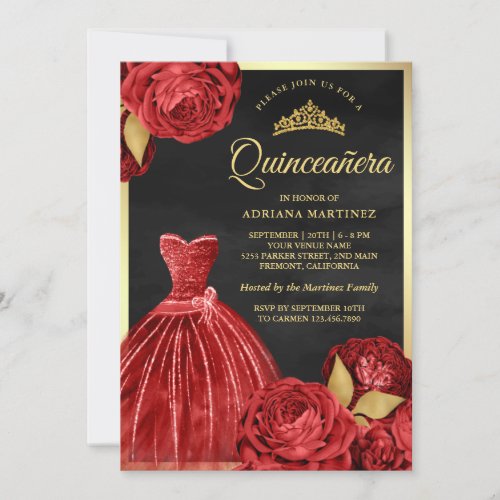 Sparkling Gown Red Roses Black Gold Quinceanera Invitation